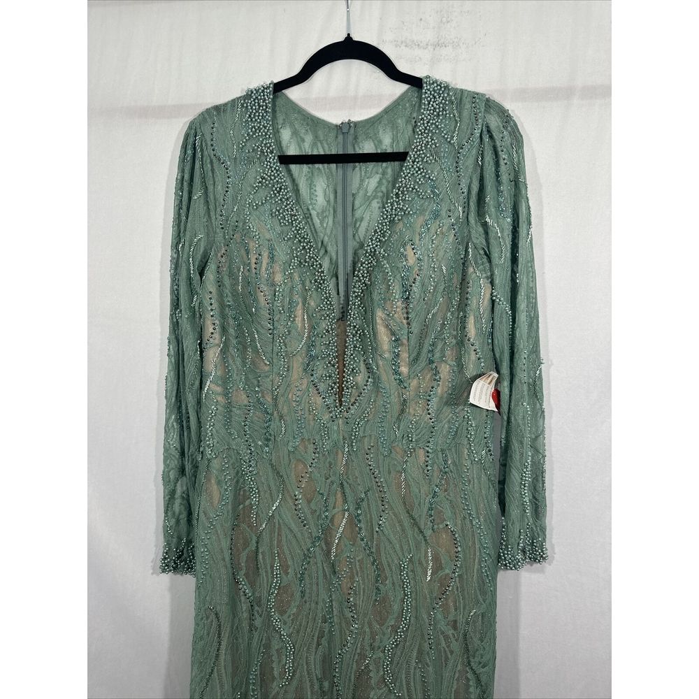 NWT Mac Duggal [ 12 ] 79291 Beaded Lace Long Sleeve Plunge Neck Gown Sage‎ green - Picture 11 of 15